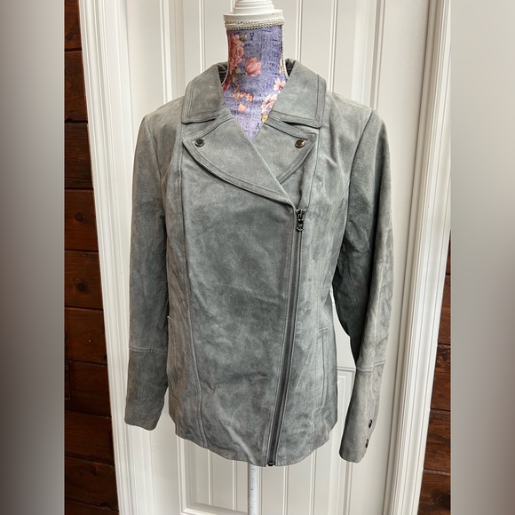 Isaac Mizrahi Light Grey Suede Leather Jacket - Picture 1 of 6